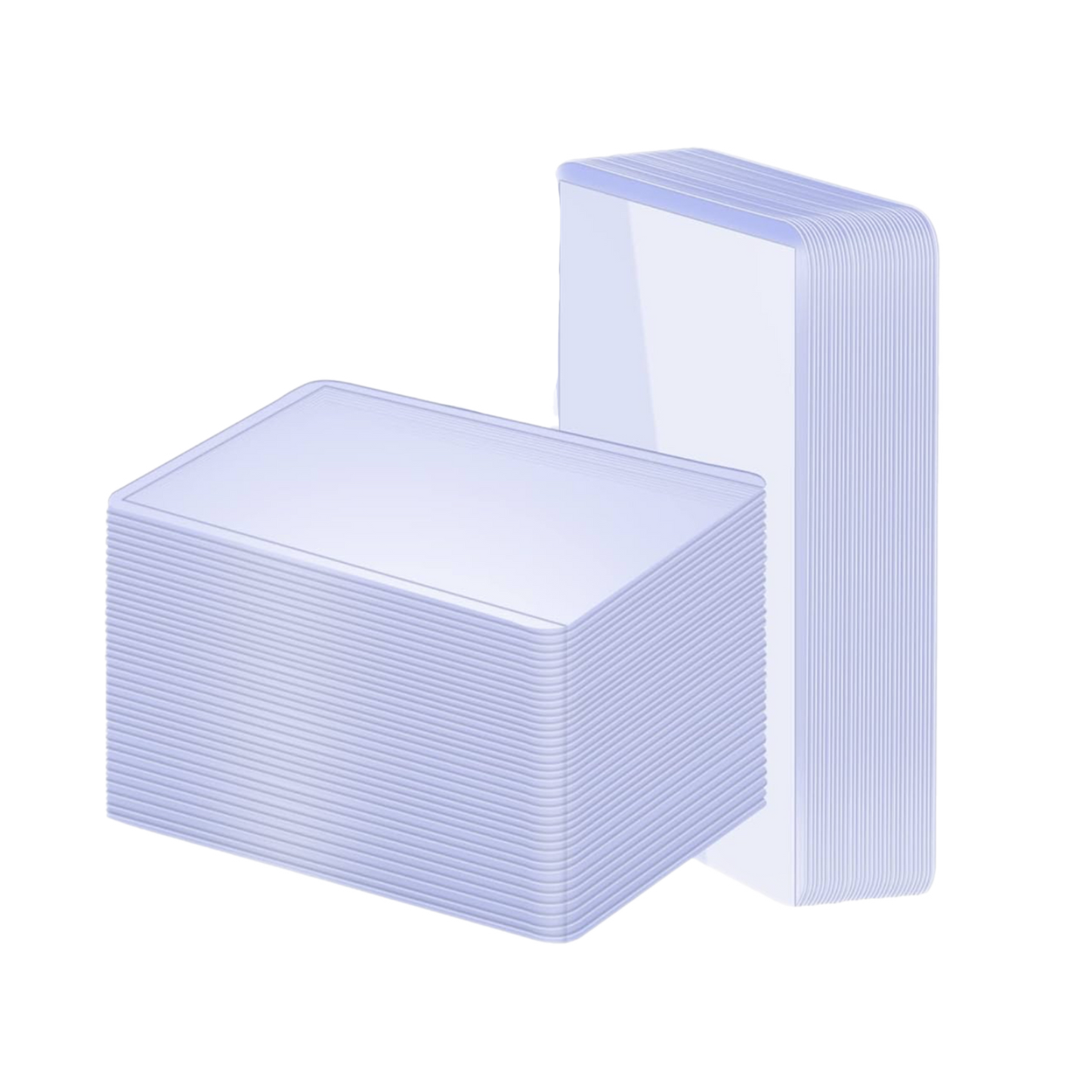 Stack of white, rectangular cards with a glossy finish, one pile horizontal, one vertical.