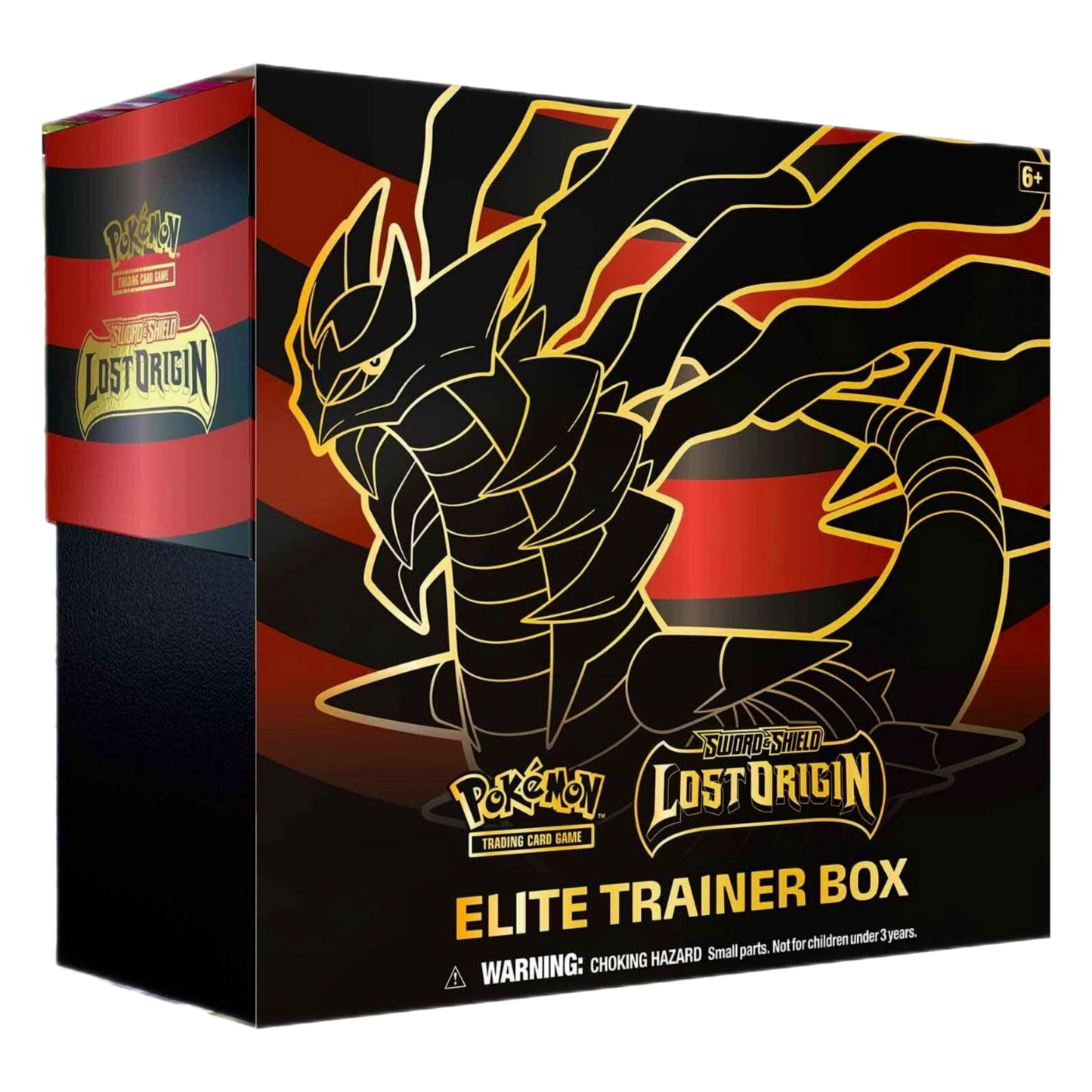Black and red box with gold dragon-like creature, labeled "Elite Trainer Box: Lost Origin."