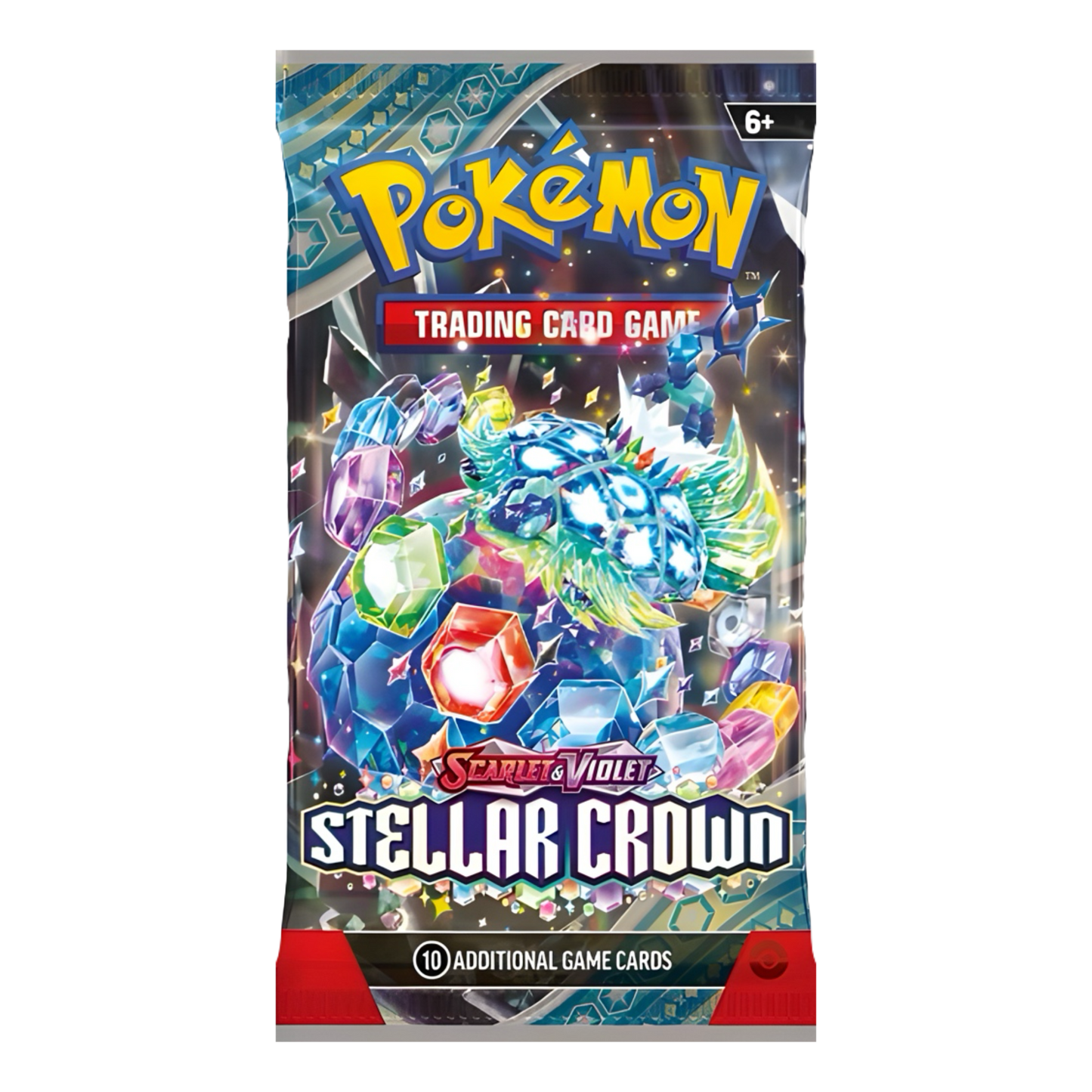 Colorful "Pokémon Trading Card Game" pack with gem-like creature and text "Stellar Crown."