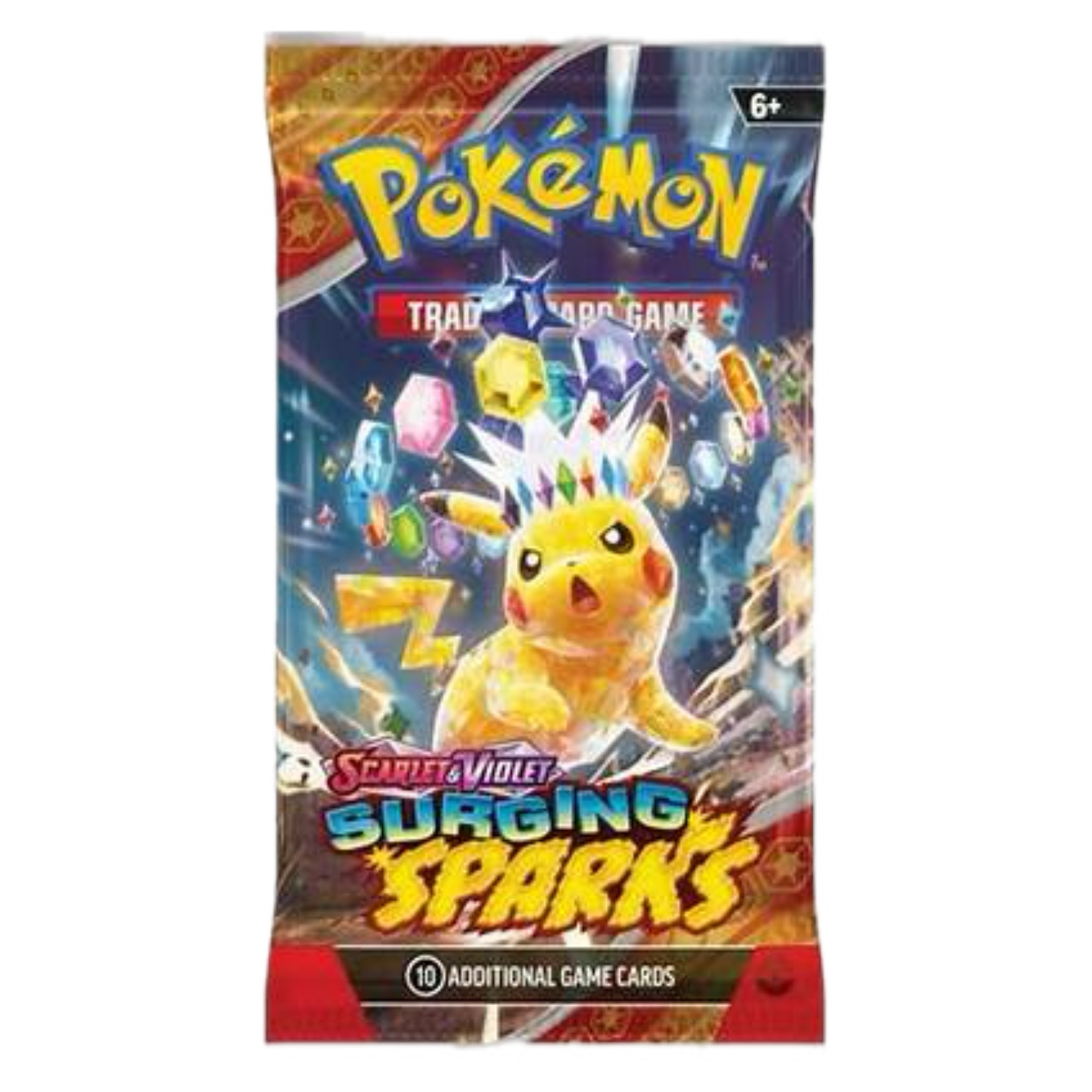 Colorful Pokémon card pack featuring Pikachu with colorful energy bursts and "Surging Sparks" text.