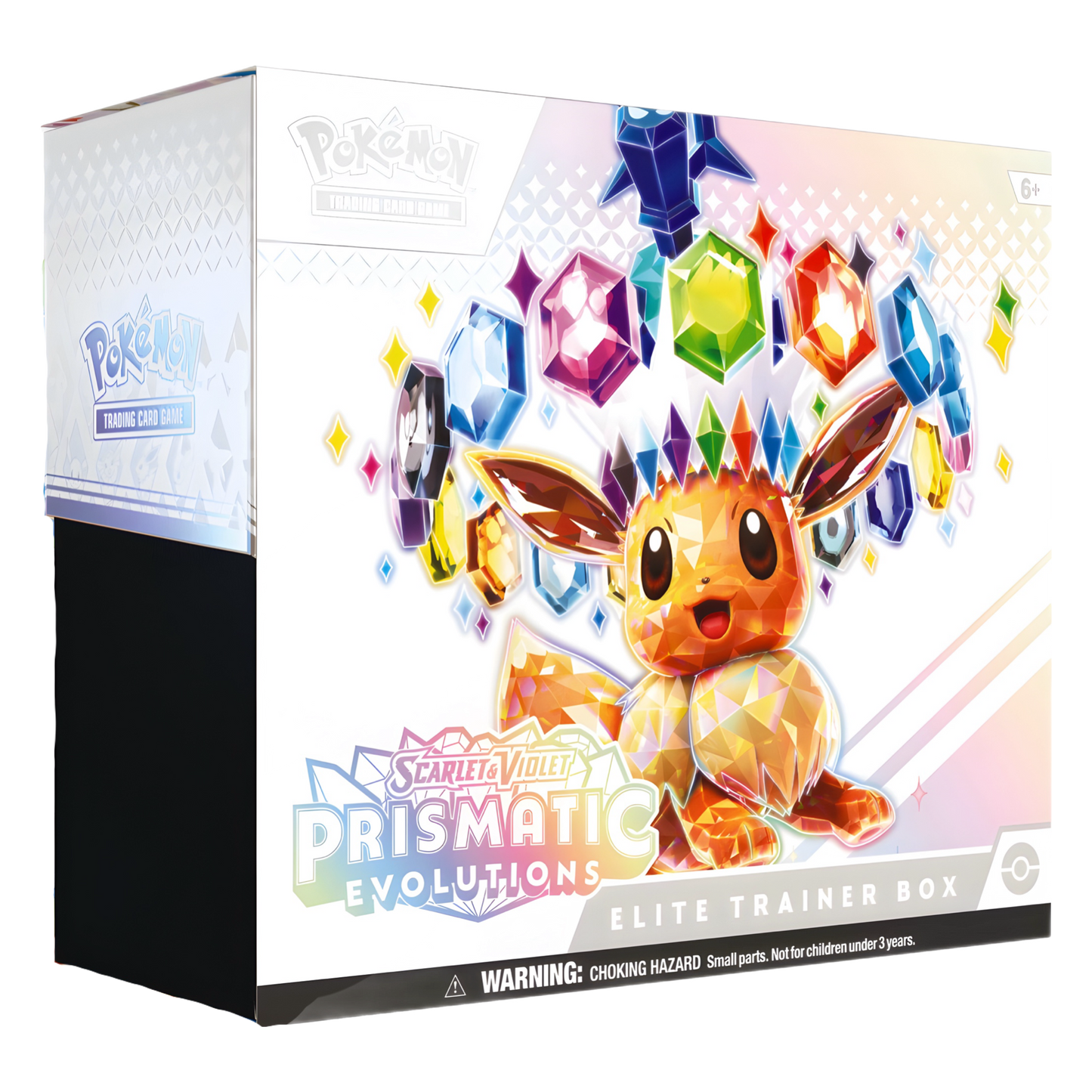 Box with colorful crystals, a prismatic Eevee, and "Prismatic Evolutions Elite Trainer Box" text.