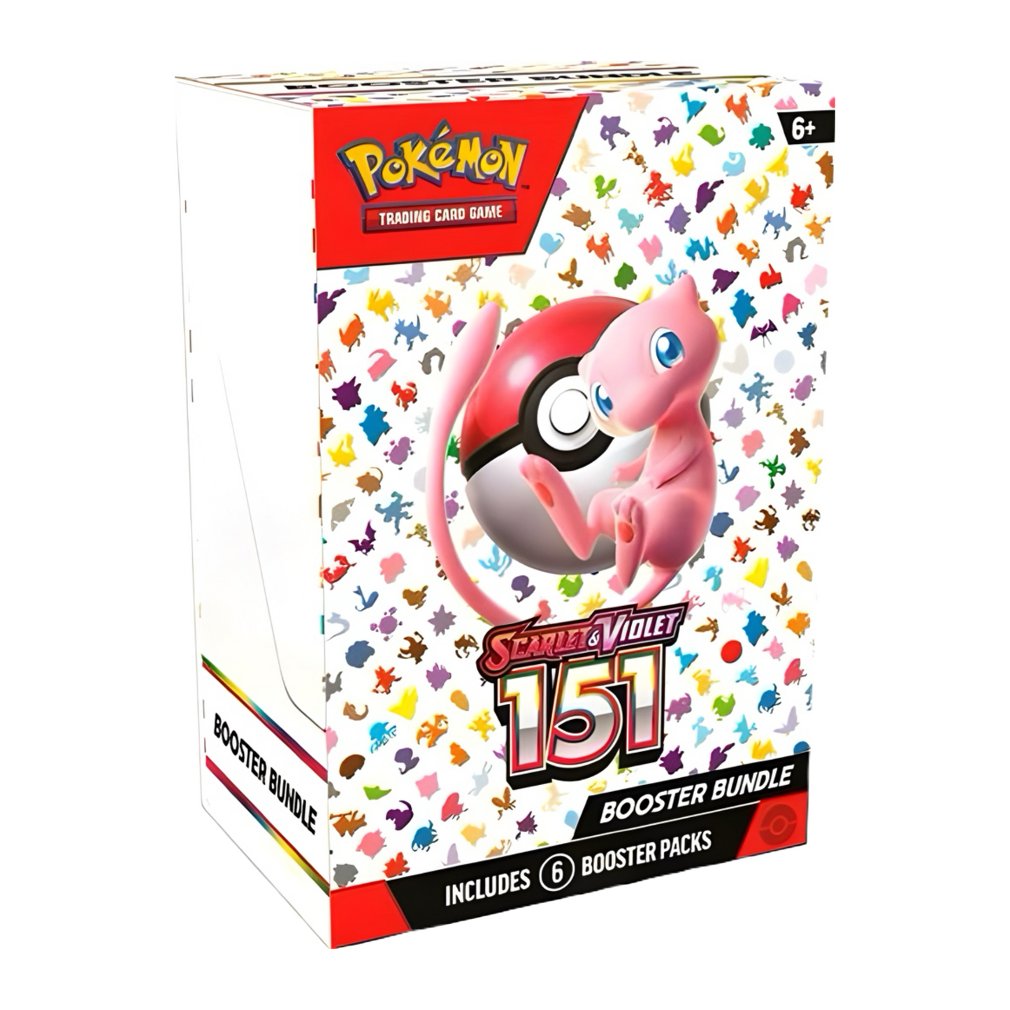 Pokémon card box with a pink creature, Poké Ball, colorful symbols, and "Scarlet & Violet 151".