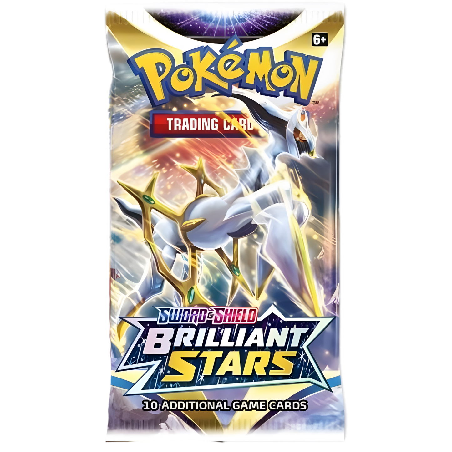 Pack of Pokémon trading cards featuring a white and gold creature with cosmic background.