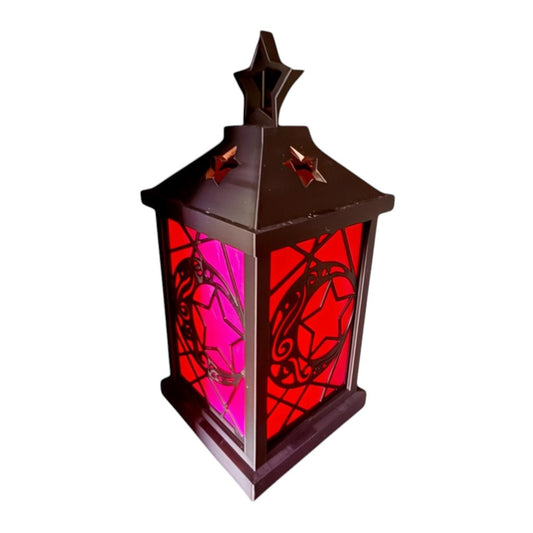 Wacky McLovin Prints celestial lantern with moon and star cutouts, red and pink glow, 3D printed for home decor.
