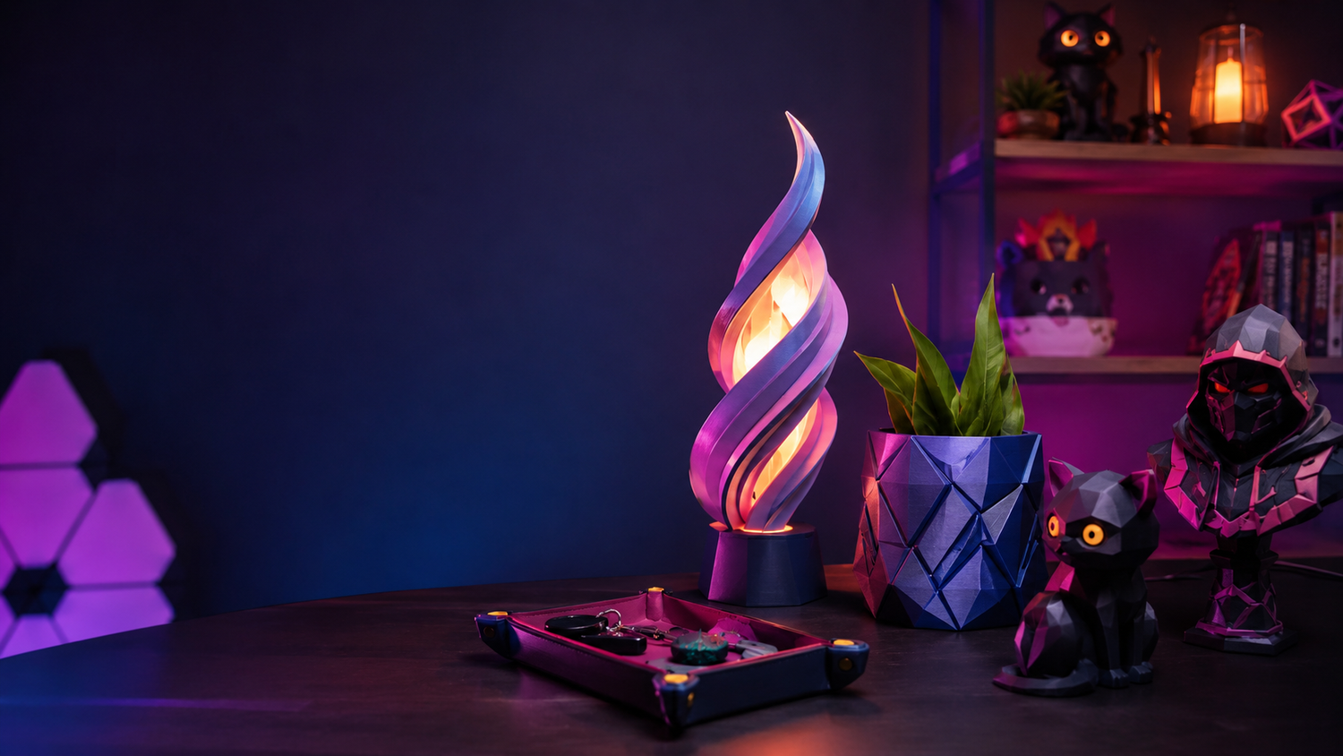 Modern desk with a spiral lamp, geometric planter, cat figurine, and ambient purple-blue lighting.