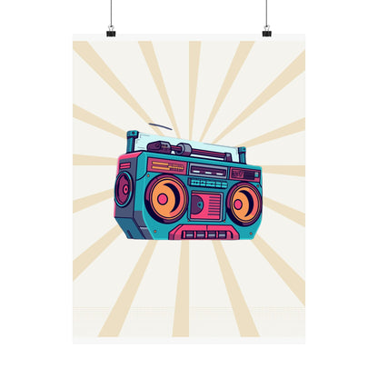 Retro Boombox retro poster with vintage sunburst background