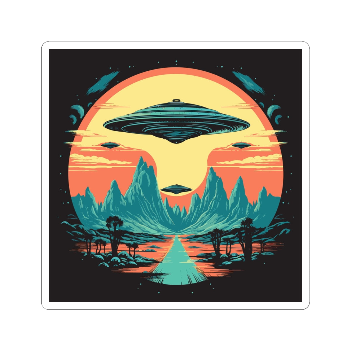 UFO Fleet retro vintage art square vinyl sticker with retro ufo sci-fi design