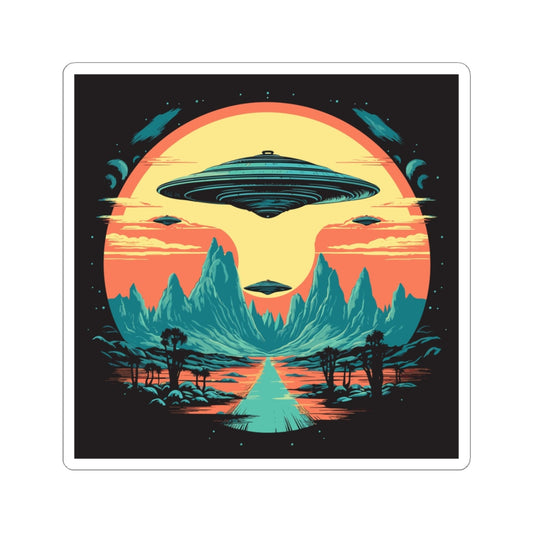 UFO Fleet retro vintage art square vinyl sticker with retro ufo sci-fi design