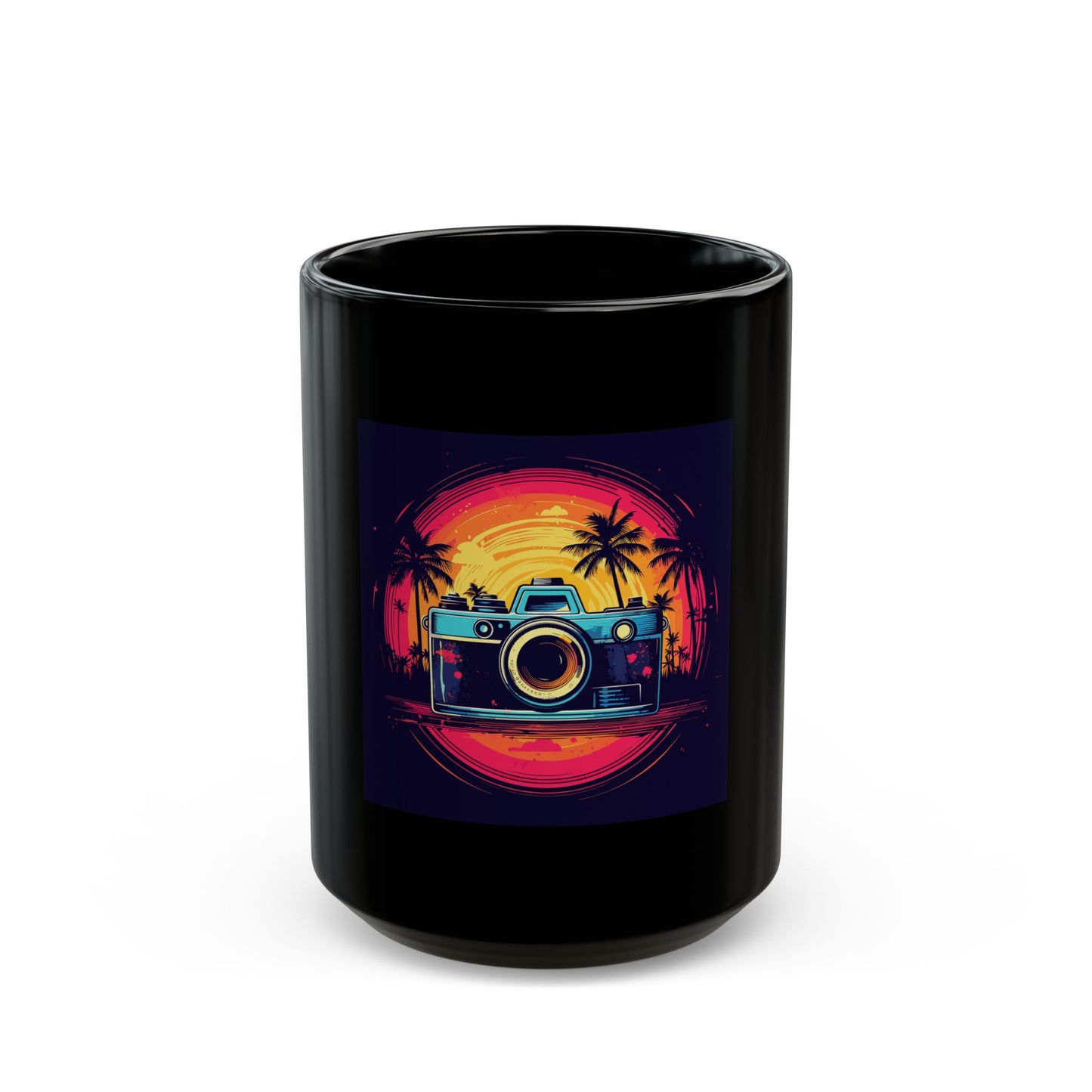 Retro Camera Sunset Black Mug