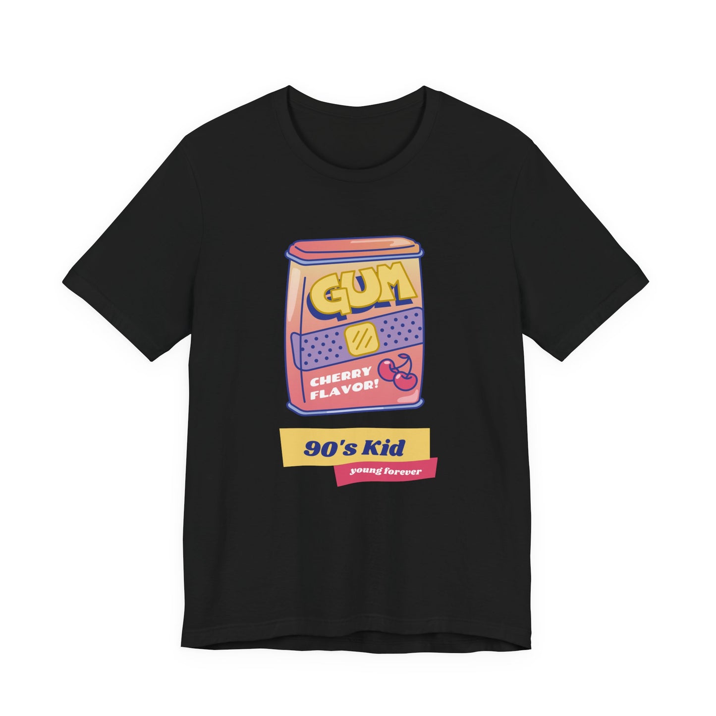 90s Kid vintage gum pack t-shirt with cherry flavor young forever retro candy design on a black tee