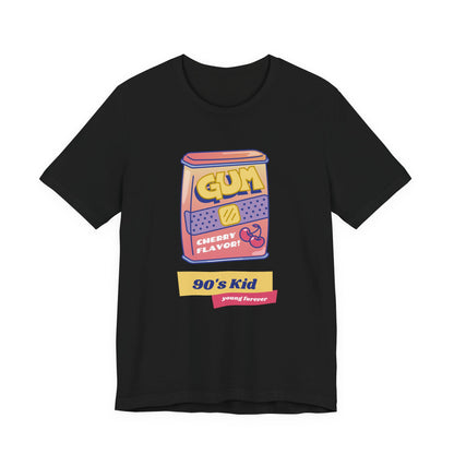 90s Kid vintage gum pack t-shirt with cherry flavor young forever retro candy design on a black tee