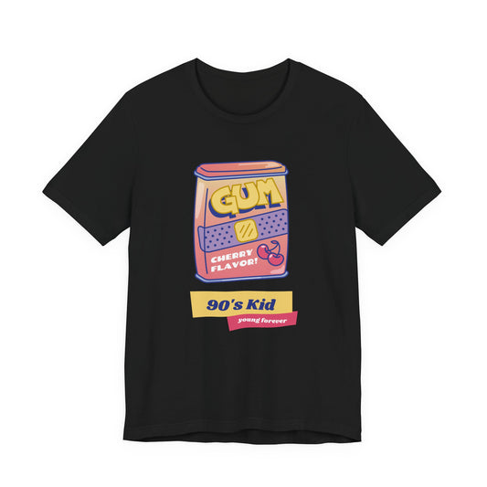 90s Kid vintage gum pack t-shirt with cherry flavor young forever retro candy design on a black tee