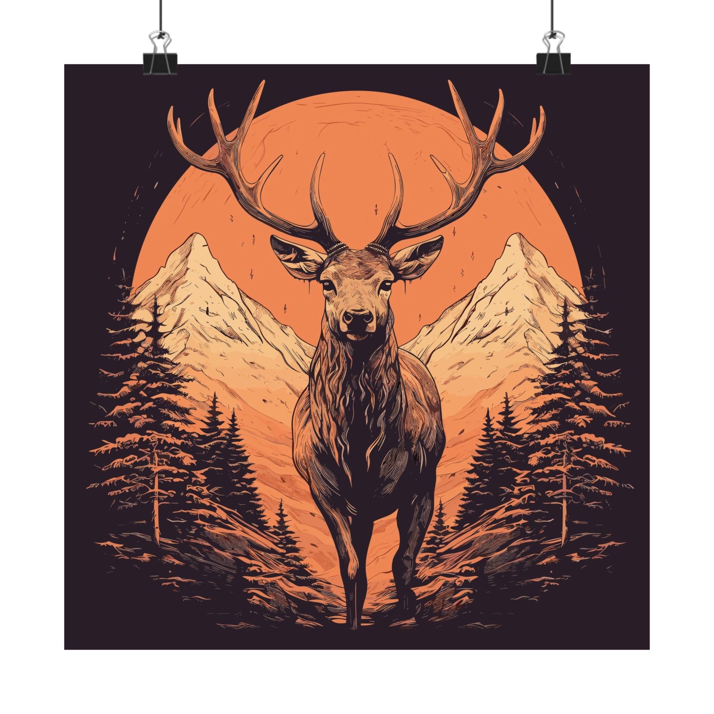 Forest King retro vintage art square matte art print with vintage deer mountains design
