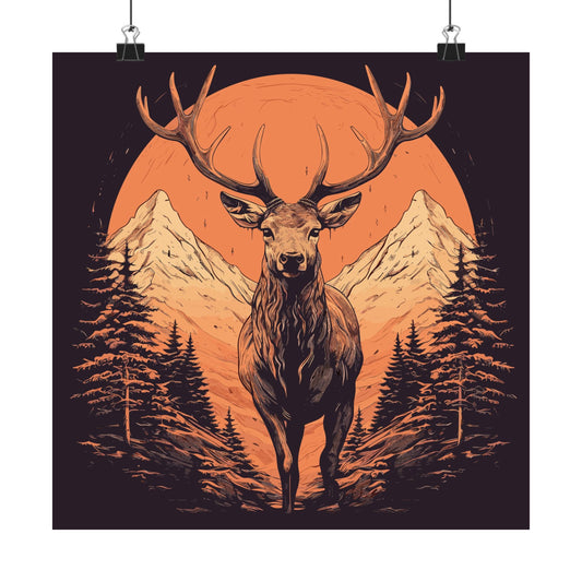 Forest King retro vintage art square matte art print with vintage deer mountains design