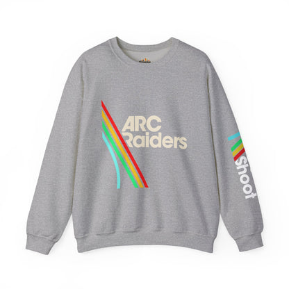 Gray sweatshirt with colorful diagonal stripes and "ARC Raiders" text on front, "Shoot" on sleeve.