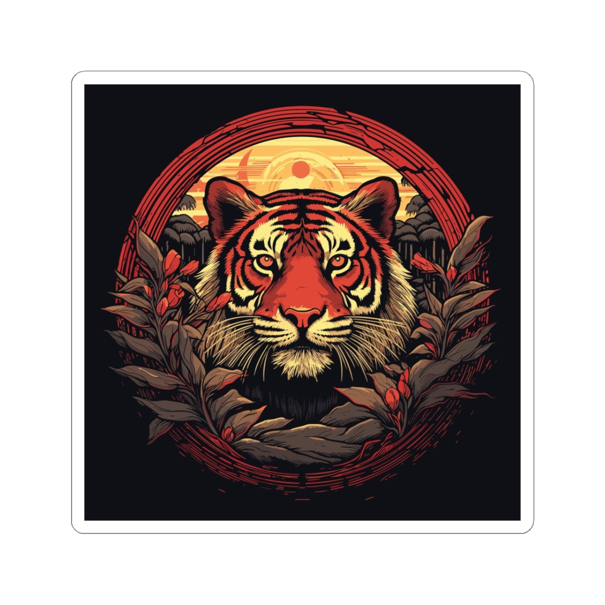 Tiger Wreath retro vintage art square vinyl sticker with vintage tiger design