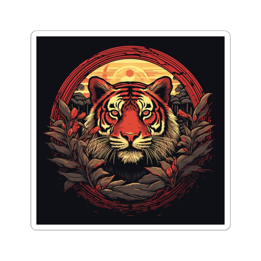 Tiger Wreath retro vintage art square vinyl sticker with vintage tiger design
