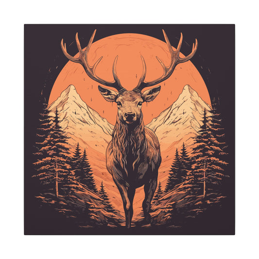 Forest King retro vintage art gallery wrapped canvas print with vintage deer mountains design