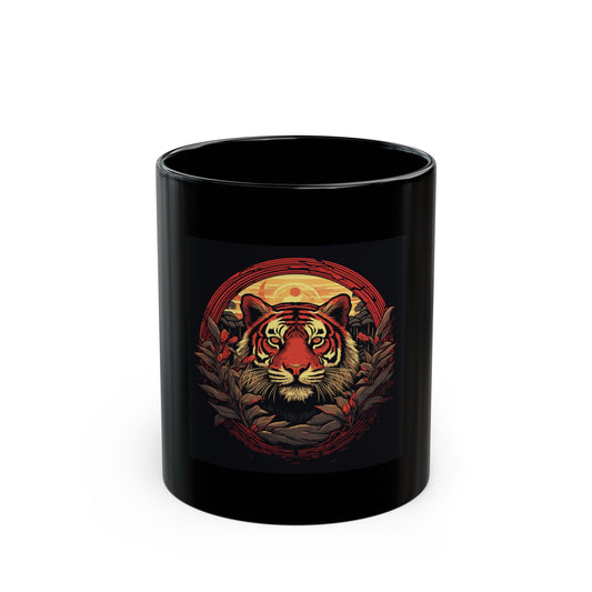 Tiger Wreath retro vintage art black ceramic mug with vintage tiger design