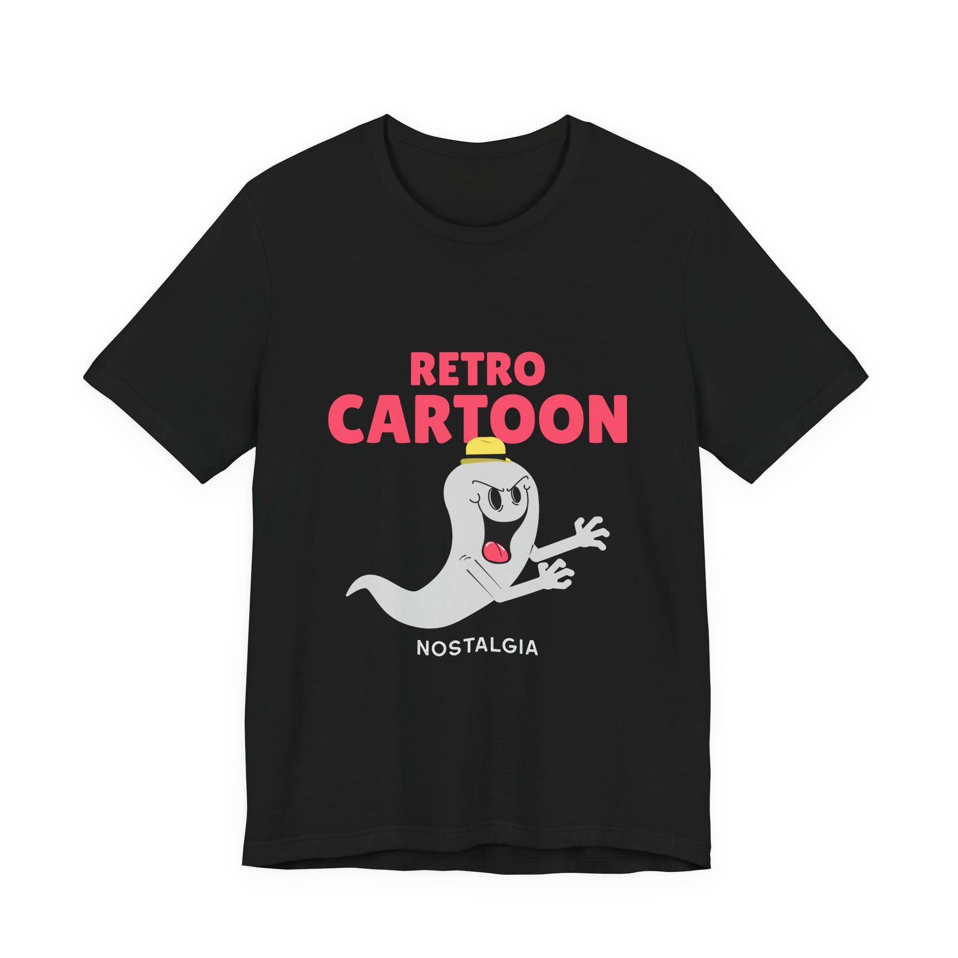 Retro cartoon ghost 90s nostalgia Halloween t-shirt with pink lettering on a black unisex tee