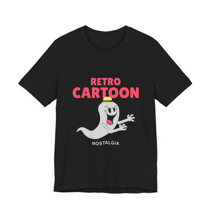 Retro cartoon ghost 90s nostalgia Halloween t-shirt with pink lettering on a black unisex tee