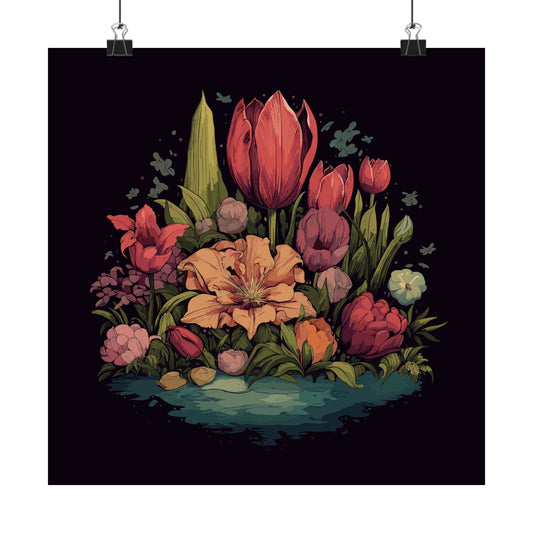 Tulip Garden retro vintage art square matte art print with vintage tulip floral design