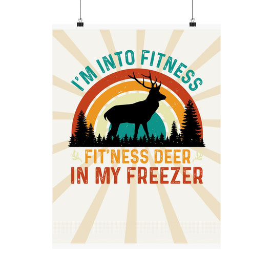 Fitness Deer In My Freezer retro poster with vintage sunburst background