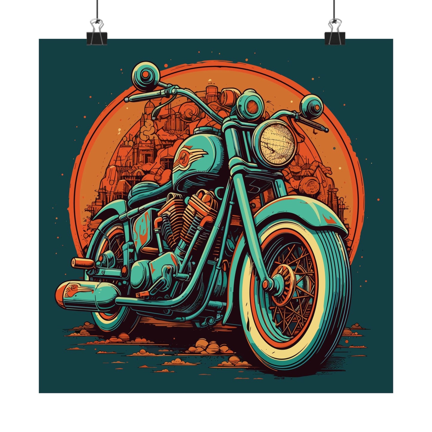 Classic Motorcycle Sunset retro vintage art square matte art print with vintage motorcycle design