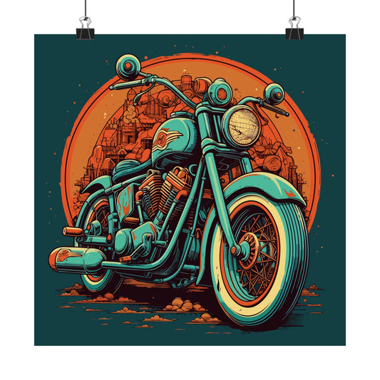 Classic Motorcycle Sunset retro vintage art square matte art print with vintage motorcycle design