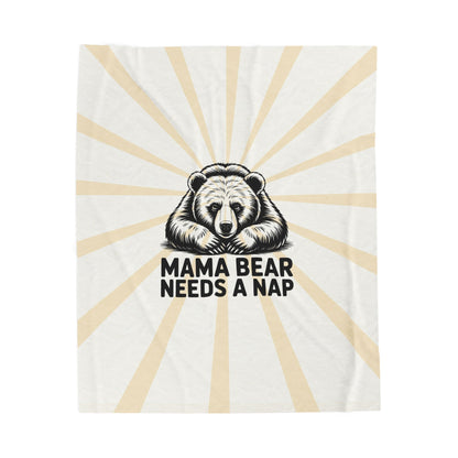 Mama Bear Needs a Nap plush throw blanket with retro sunburst print