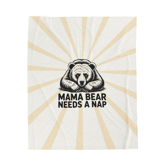 Mama Bear Needs a Nap plush throw blanket with retro sunburst print