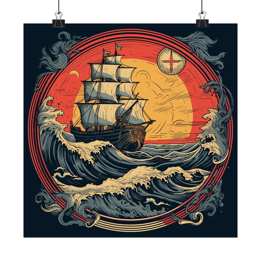 Tall Ship Storm retro vintage art square matte art print with vintage nautical ship design
