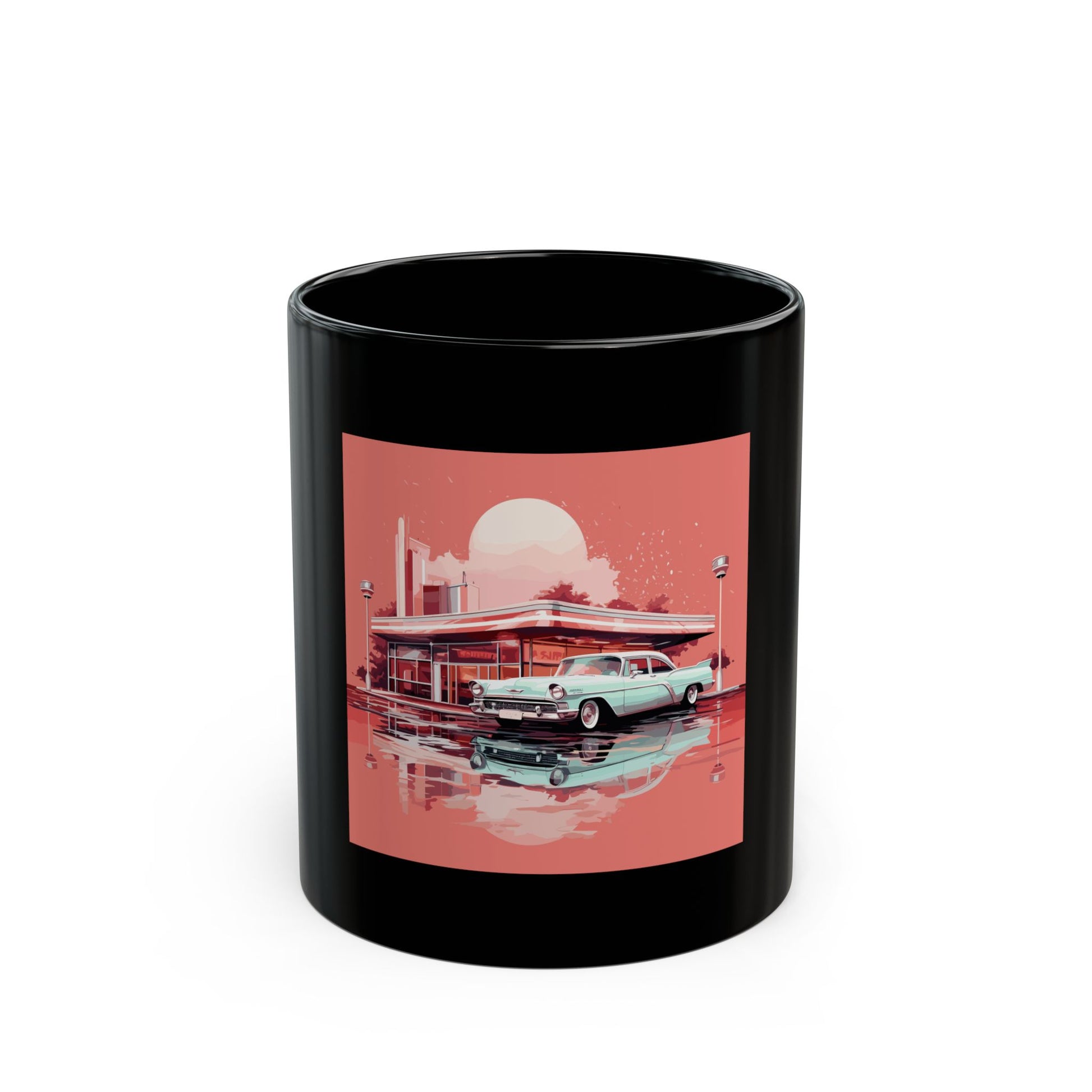 Chrome & Neon Diner retro vintage art black ceramic mug with retro diner design