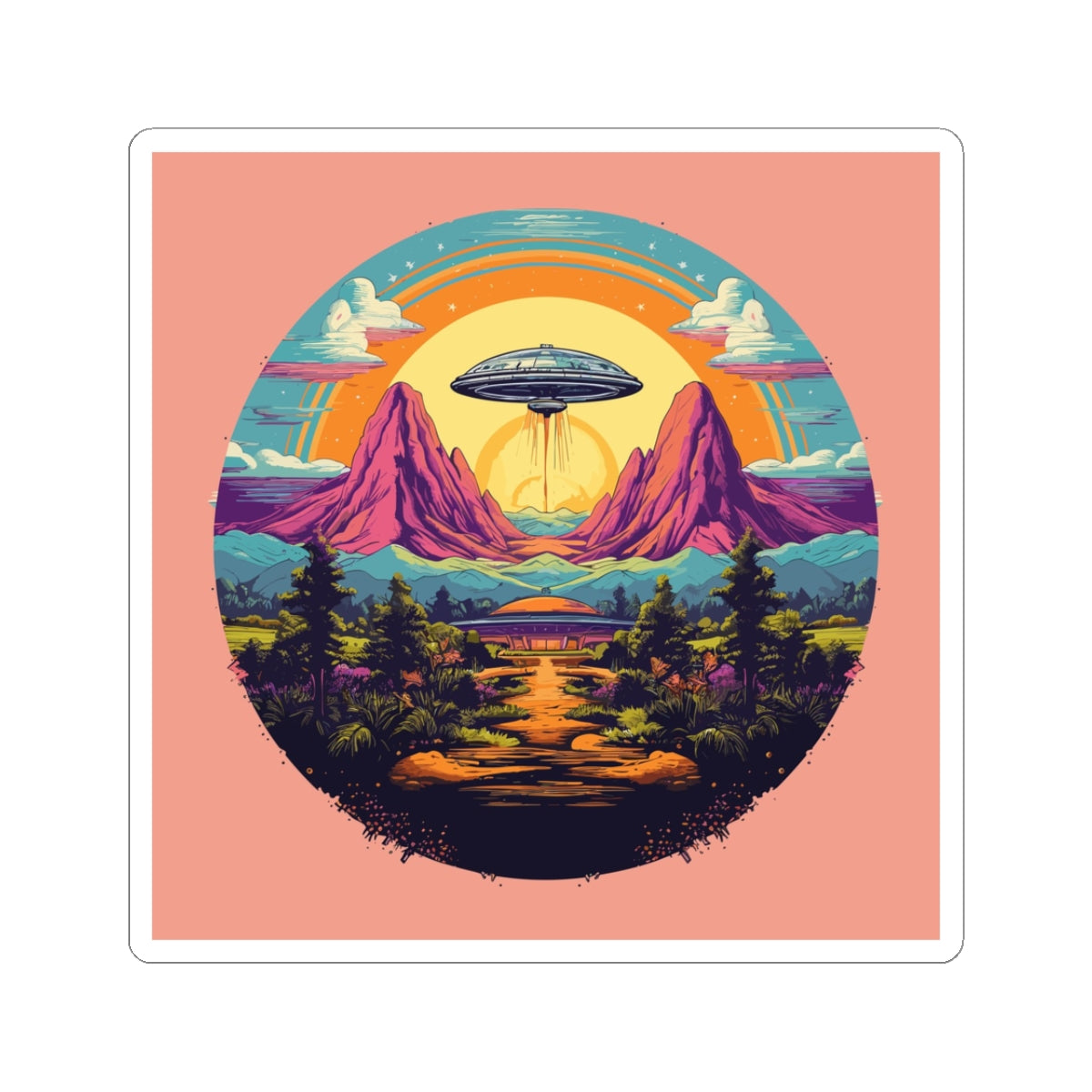 Rainbow Saucer retro vintage art square vinyl sticker with retro space age ufo design