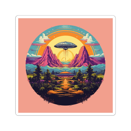 Rainbow Saucer retro vintage art square vinyl sticker with retro space age ufo design