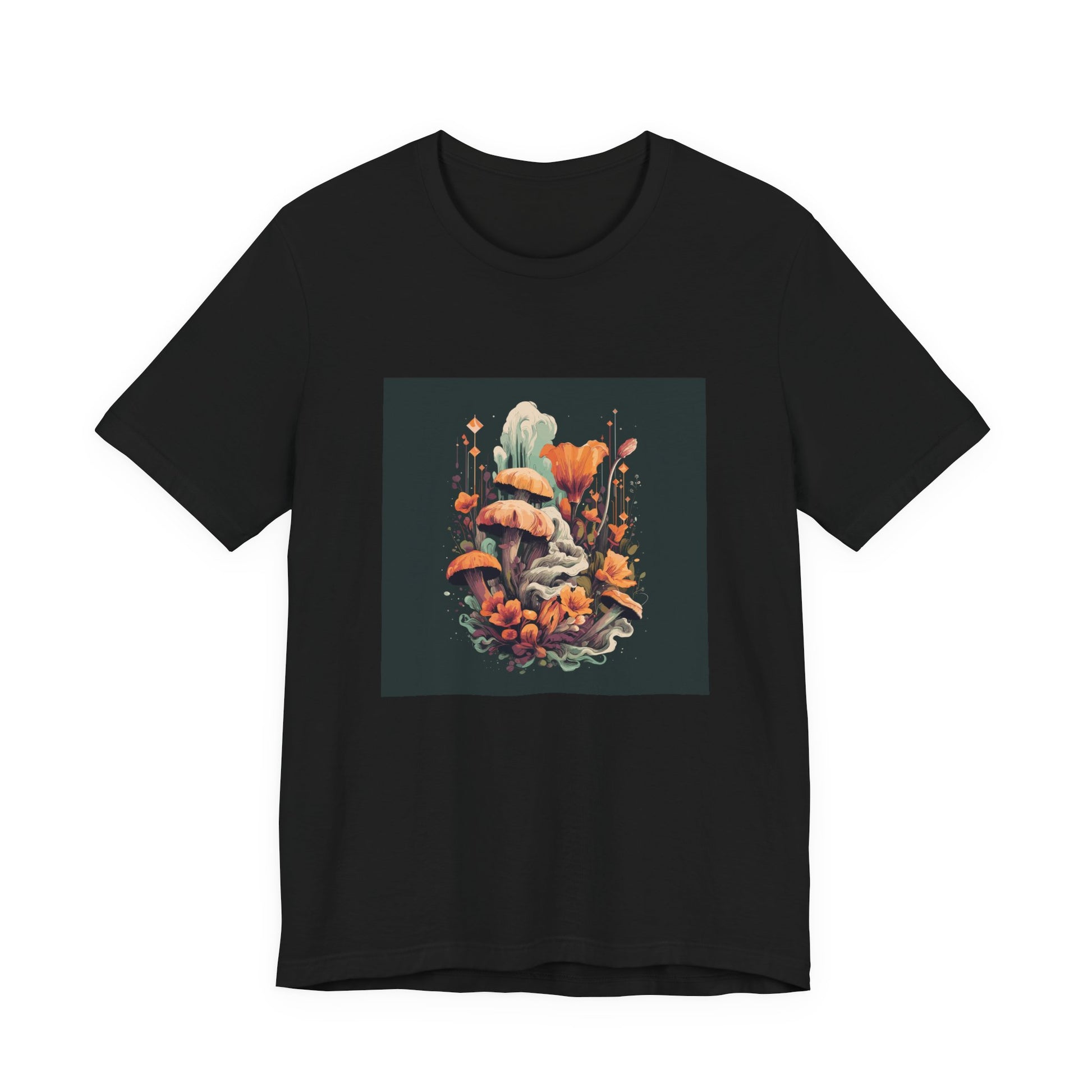 Midnight Garden retro vintage art unisex t-shirt with vintage mushroom botanical design