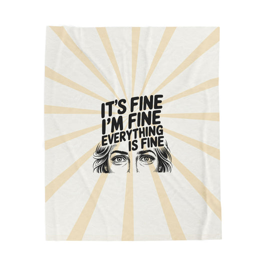 Its Fine Im Fine plush throw blanket with retro sunburst print