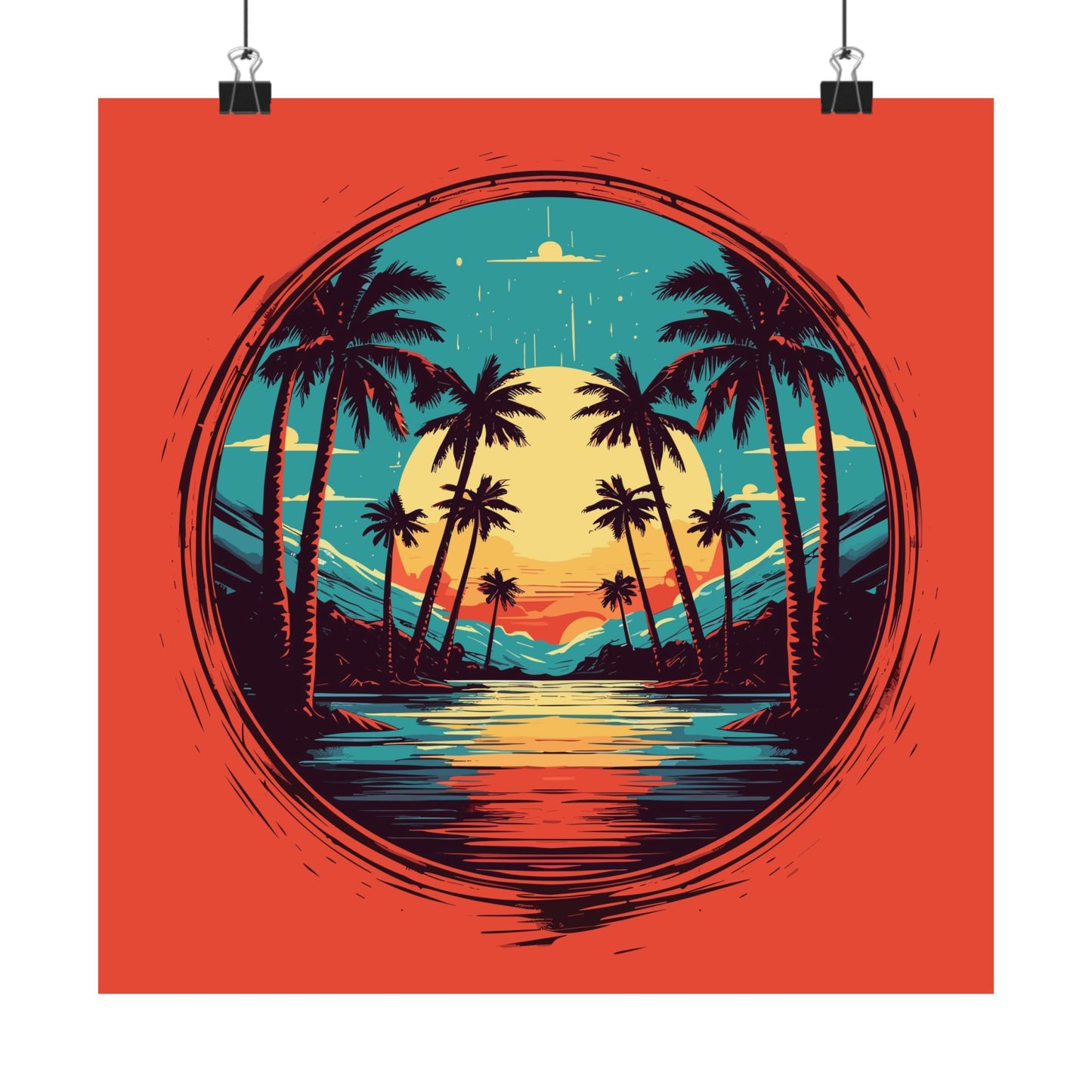 Palm Island retro vintage art square matte art print with retro palm sunset design