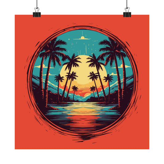 Palm Island retro vintage art square matte art print with retro palm sunset design