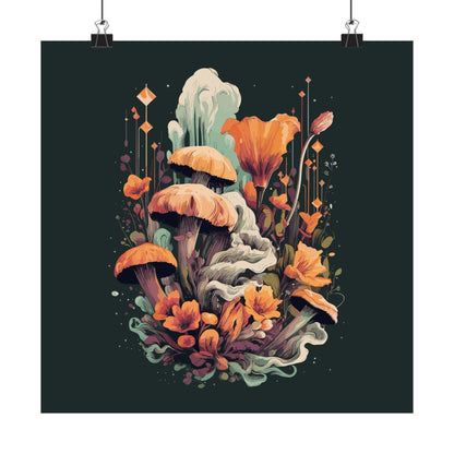 Midnight Garden retro vintage art square matte art print with vintage mushroom botanical design