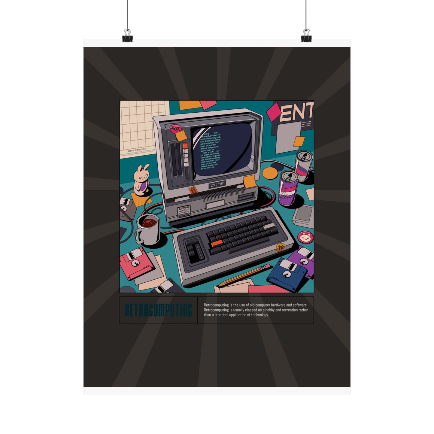Retro Computing vintage computer poster on charcoal sunburst ground