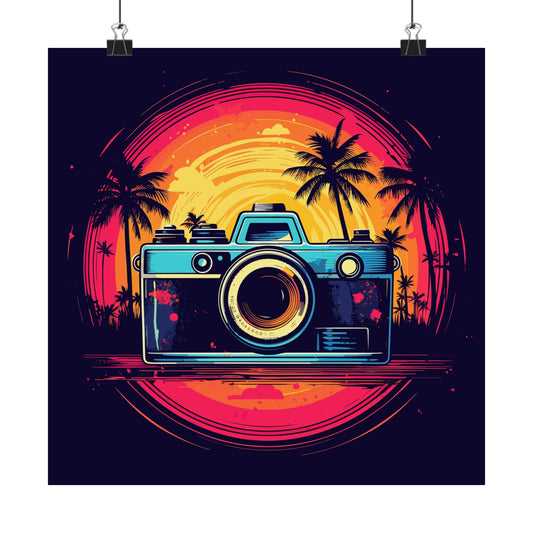 Retro Camera Sunset retro vintage art square matte art print with vintage camera design