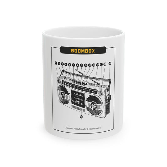 Boombox Blueprint schematic white ceramic mug