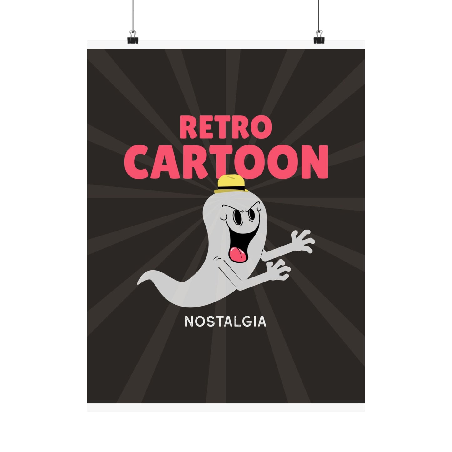 Retro Cartoon Ghost retro poster with vintage sunburst background