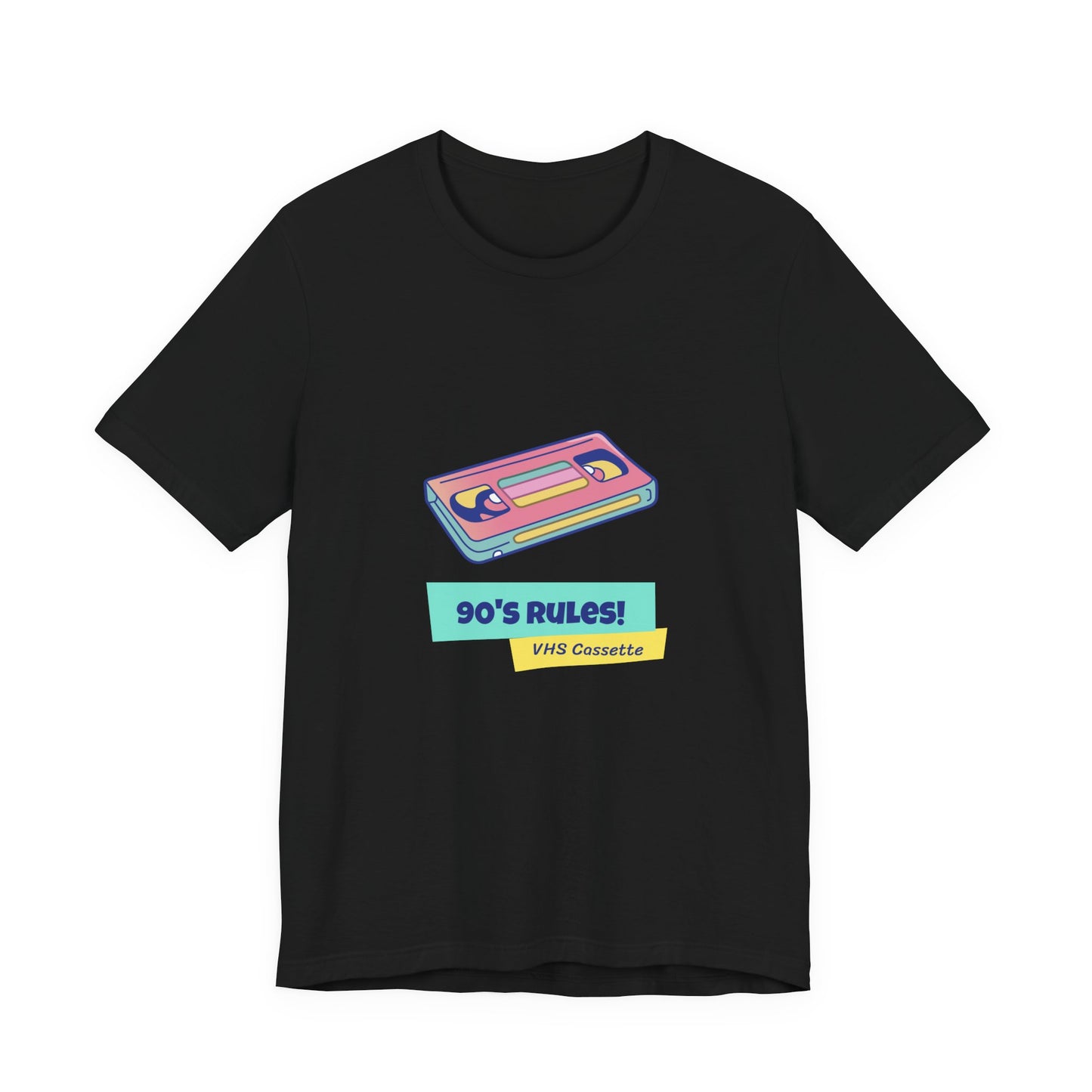 90s Rules VHS cassette t-shirt with pastel retro be kind rewind nostalgia design on a black tee