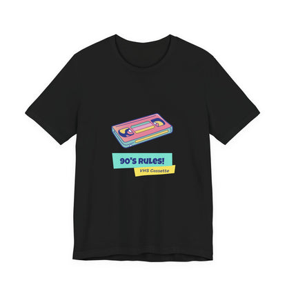 90s Rules VHS cassette t-shirt with pastel retro be kind rewind nostalgia design on a black tee