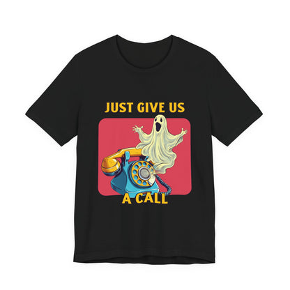 Just Give Us a Call retro ghost hotline Halloween t-shirt with rotary phone art on a black tee