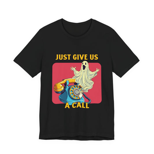 Just Give Us a Call retro ghost hotline Halloween t-shirt with rotary phone art on a black tee