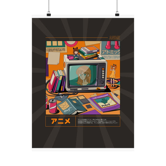 Anime Den retro anime room poster on charcoal sunburst ground