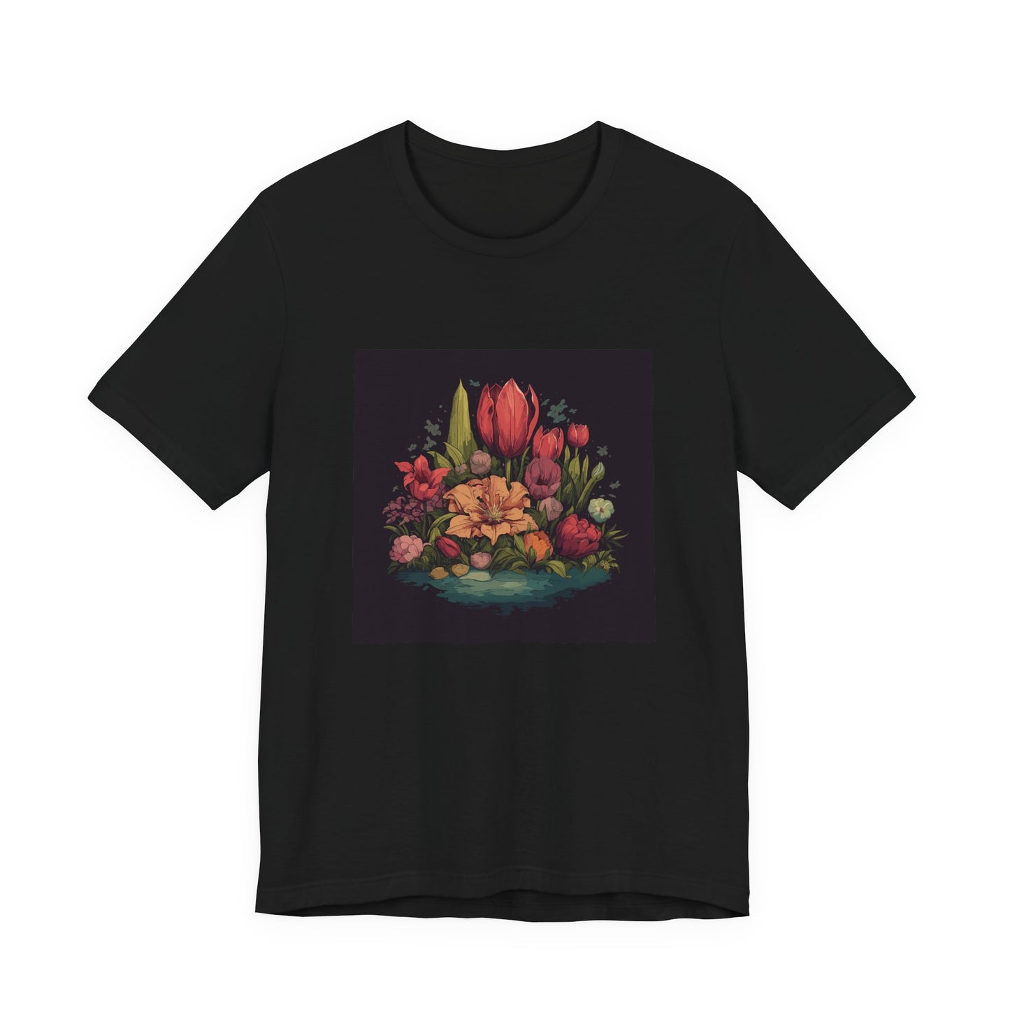 Tulip Garden retro vintage art unisex t-shirt with vintage tulip floral design